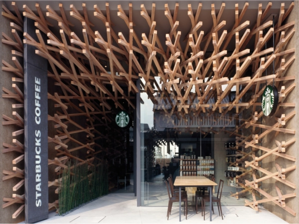 image of starbucks store with wooden frame structure in Japan