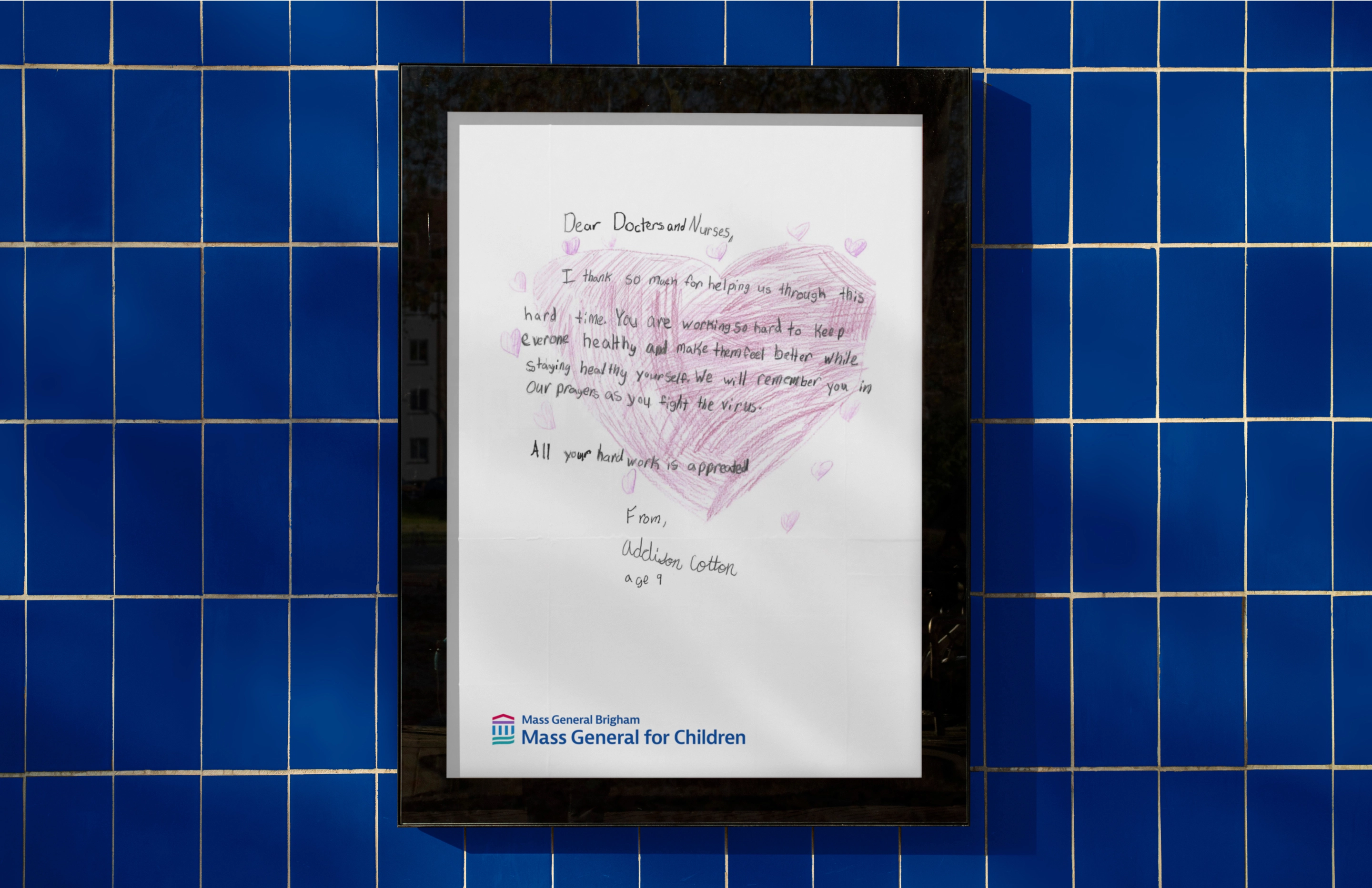 framed note from a child thanking their doctors at Mass General Brigham